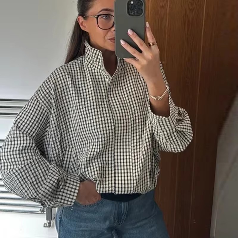 Women'S Fashion Bomber Jacket - جاكيت بومبر نسائي كاروهات بقصة قصيرة،