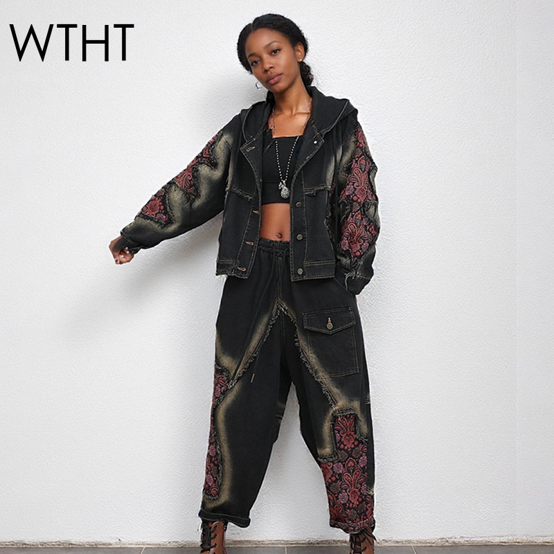 Women'S Fashion Denim Jacket - WTHT موضة المرأة غسل المرقعة طويلة