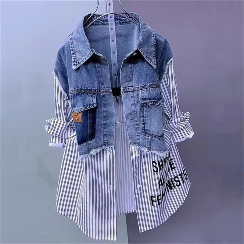 Women'S Fashion Denim Jacket - 2025 جديد الربيع/الصيف موضة الكورية مخطط