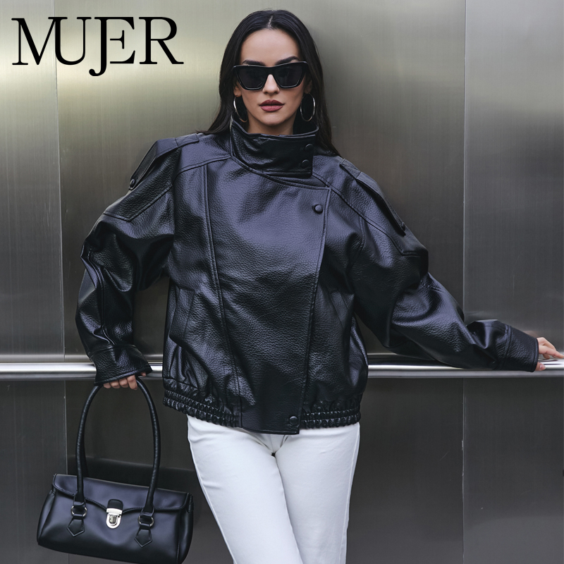 Women'S Fashion Bomber Jacket - MUJER فو الجلود المرأة سترة سوداء